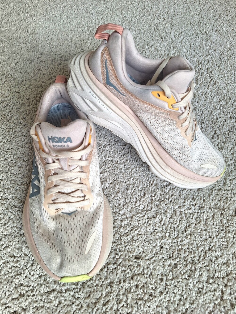 Hoka Women's Bondi 8 Running Shoes - Pale Pink with Yellow Accent